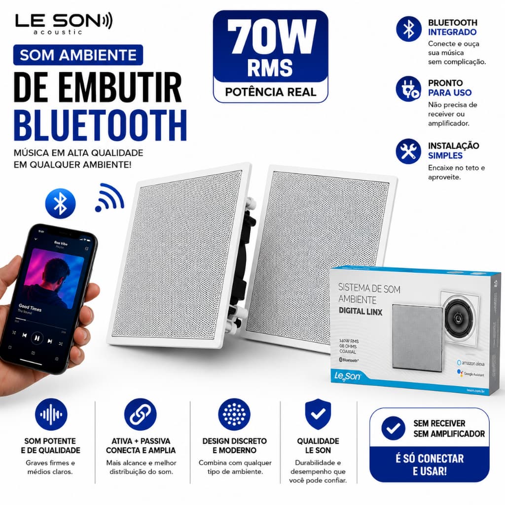 Kit Caixa de Som Bluetooth Embutir Teto Gesso 70W RMS Som Ambiente Premium Ativa + Passiva