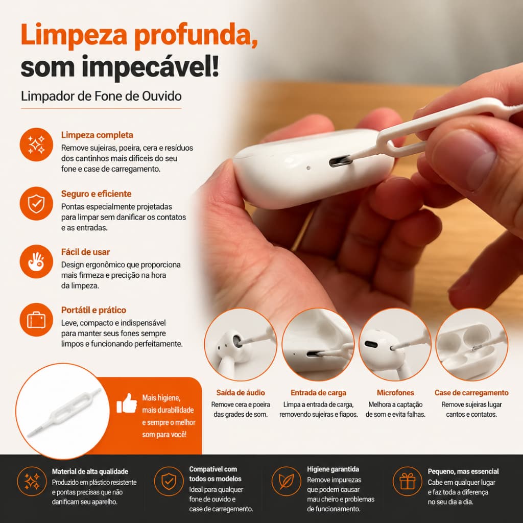 Kit Limpeza AirPods e Fones Bluetooth 3 em 1 | Caneta Limpadora para Case e Fone de Ouvido