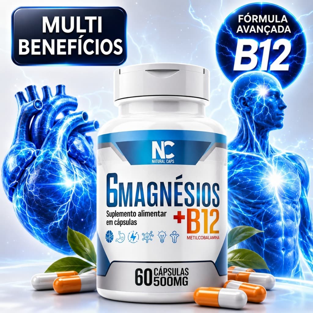 6 Magnésios + Vitamina B12 Metilcobalamina 60 Cápsulas