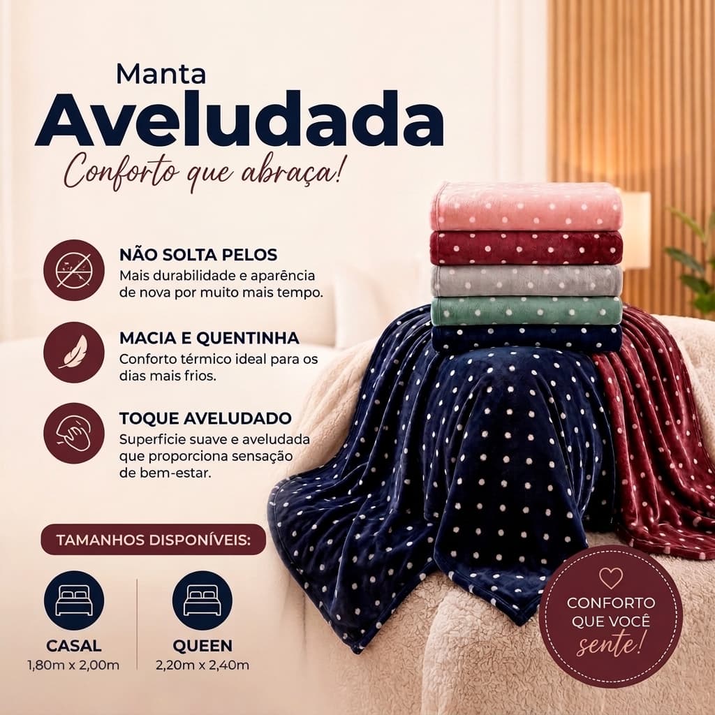 Manta Casal Queen Poa Aveludada Microfibra Macia Quentinha Toque Aveludado - 2,20m x 2,40m