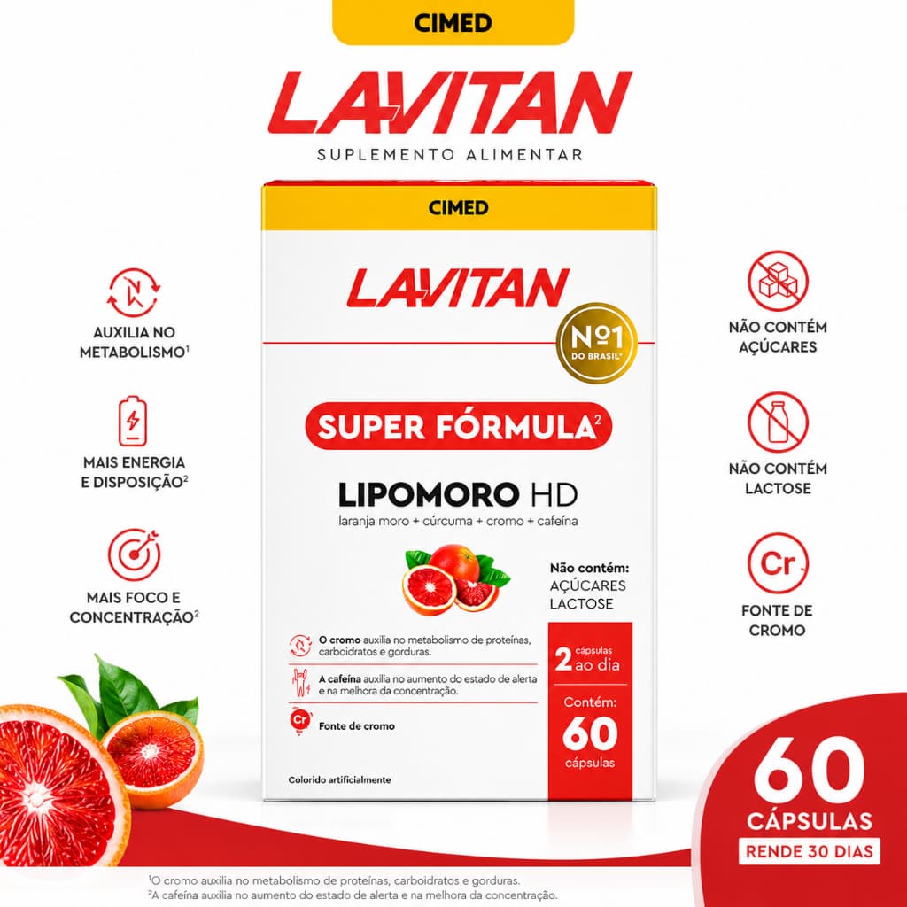 Lavitan Lipomoro HD Super Fórmula 60 Cápsulas Cimed Laranja Moro Cromo Cafeína Auxilia Metabolismo Original