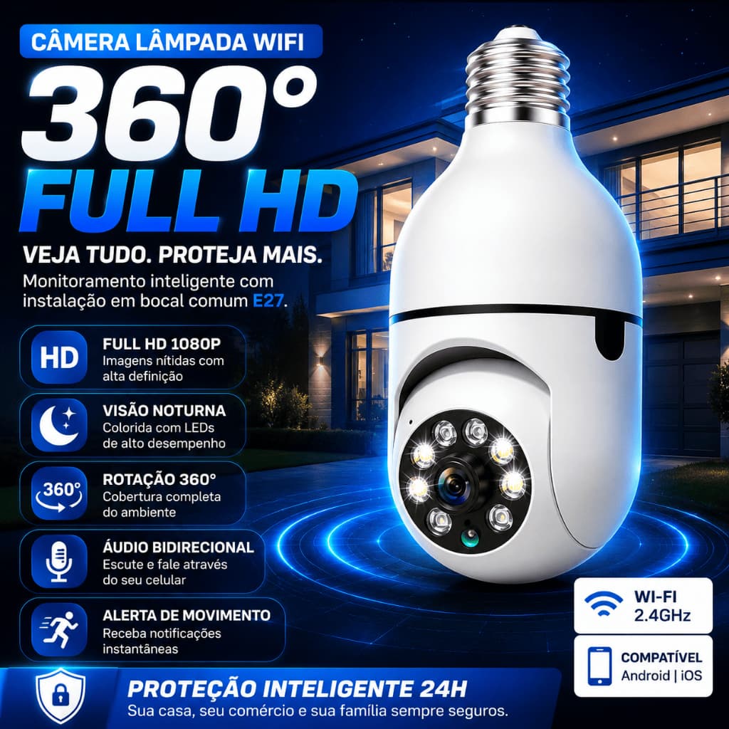 1 UNIDADE - Câmera Lâmpada de Segurança Vigilância IP Wi-Fi 360° Visão Noturna FullHD Bivolt