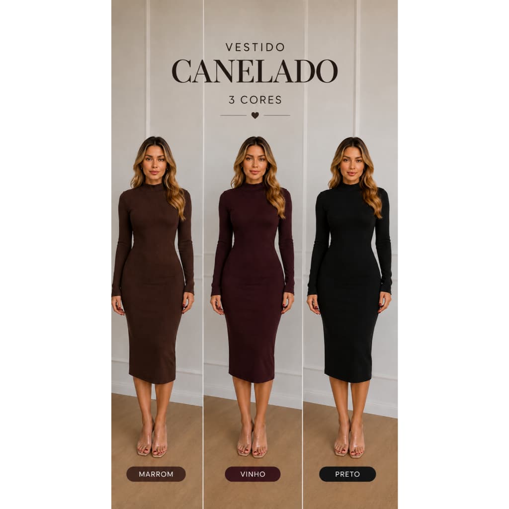 Vestido Feminino Midi Manga Longo Canelado Elegância e Conforto e Estilo Frio Inverno Moda Gringa