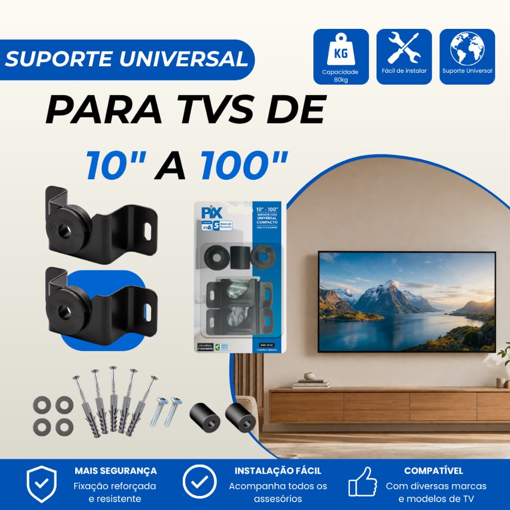 Suporte TV Fixo Parede Painel Universal LED LCD Smart 4K Monitor 32 40 43 50 55 65 75 85 100 Polegadas Kit Original