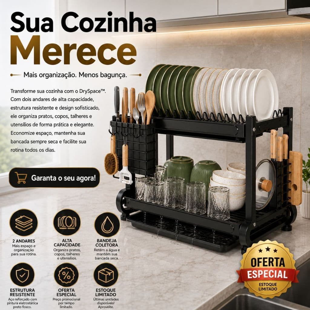 DrySpace™ Organizador de Bancada 2 Andares Escorredor de Louças Premium com Bandeja Coletora