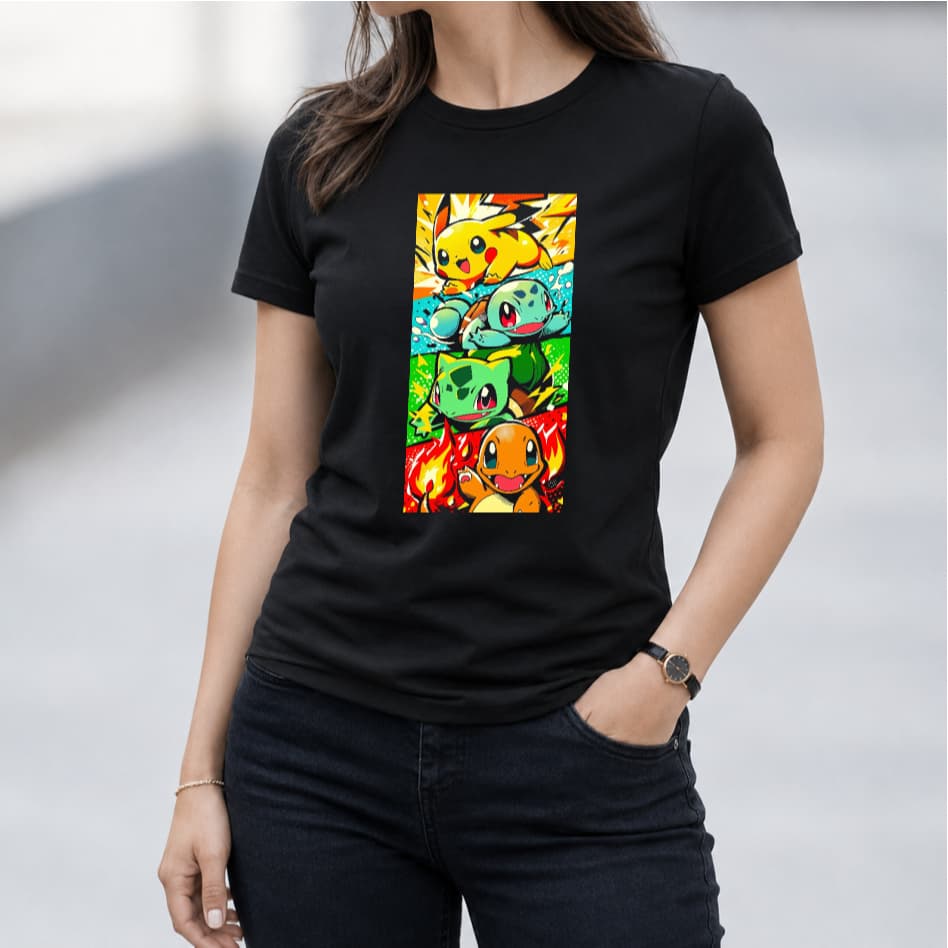 Camiseta Pokémon Geek Unissex Estampada Pikachu Charmander Bulbasaur Camisa Preta Anime Presente Fã