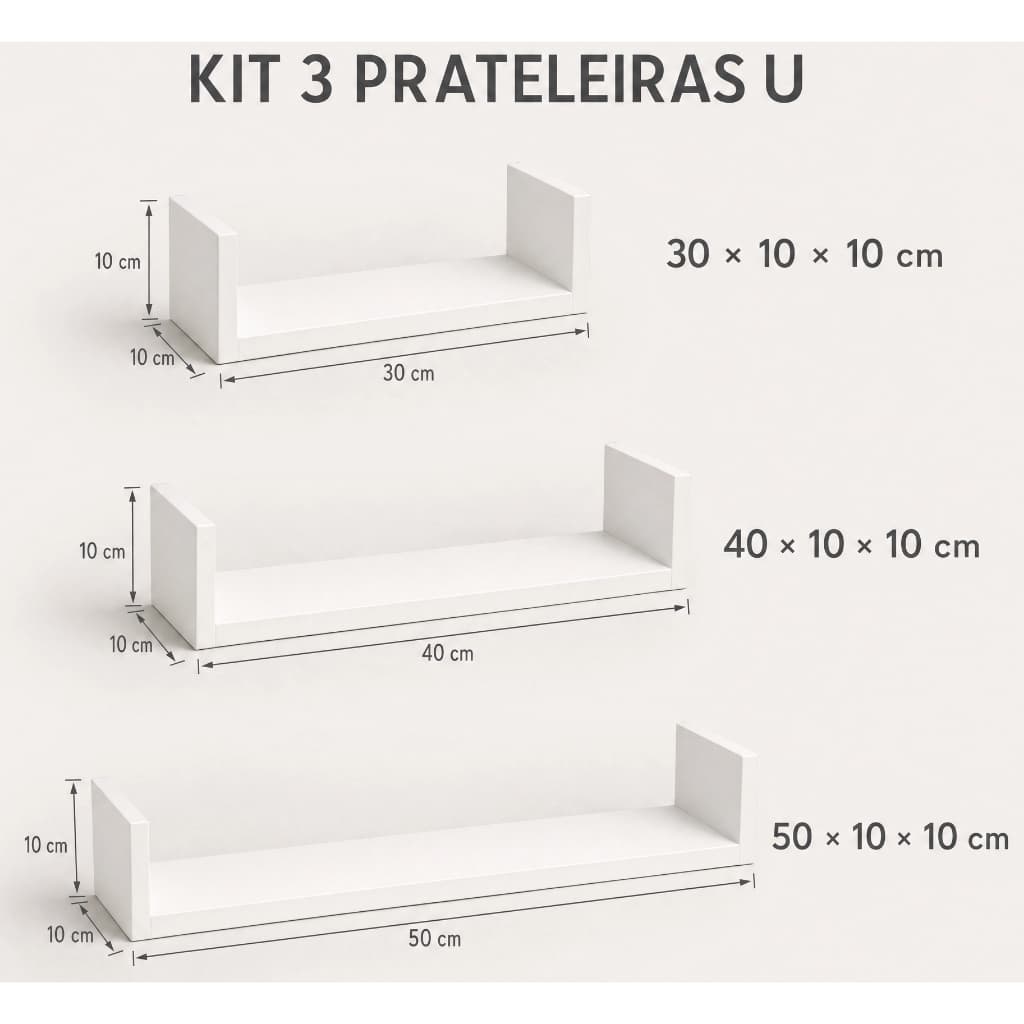 kit prateleiras U 100% MDF nicho branco 30cm - 40cm - 50cm - Decoração para sala, quarto, bamheiro, escritorio