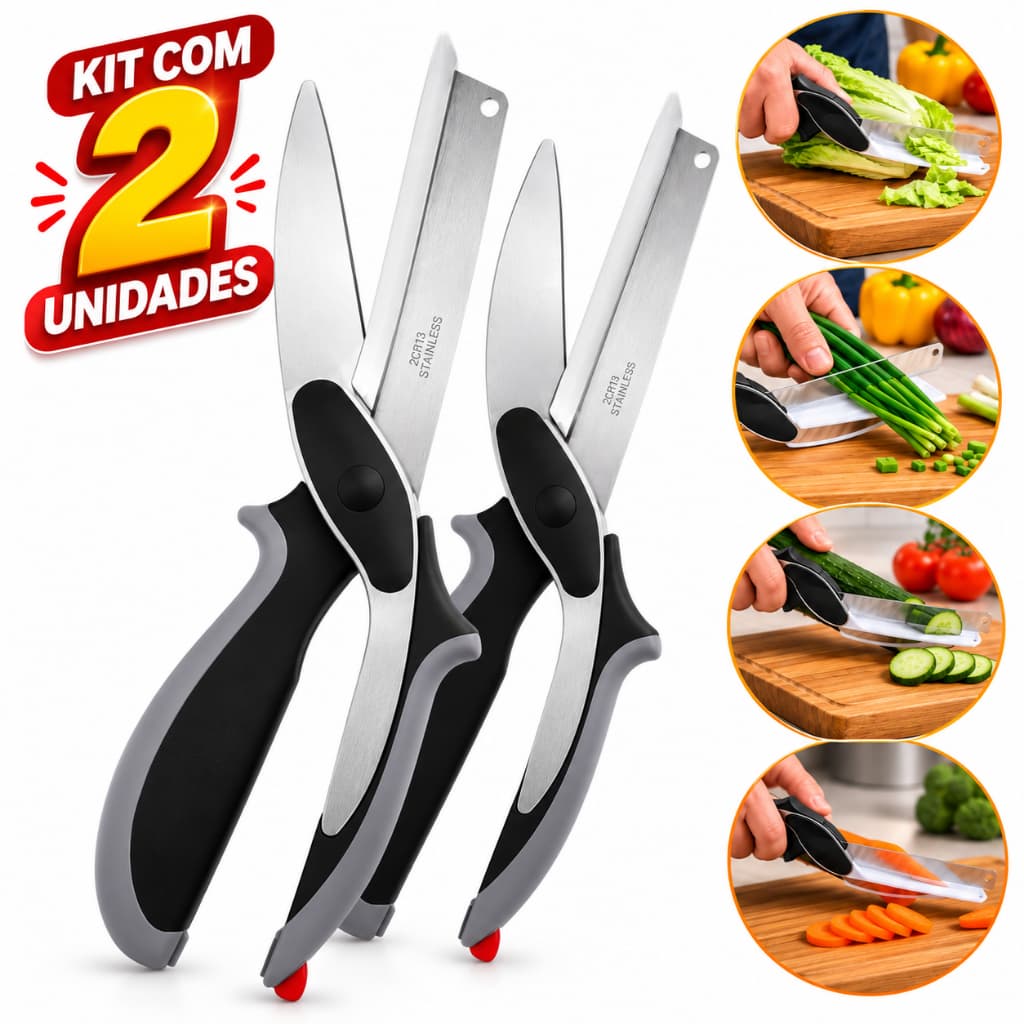 Kit 2 Tesoura Corta Alimentos Multifuncional 2 em 1 Ideal para Legumes Verduras Frutas e Queijos