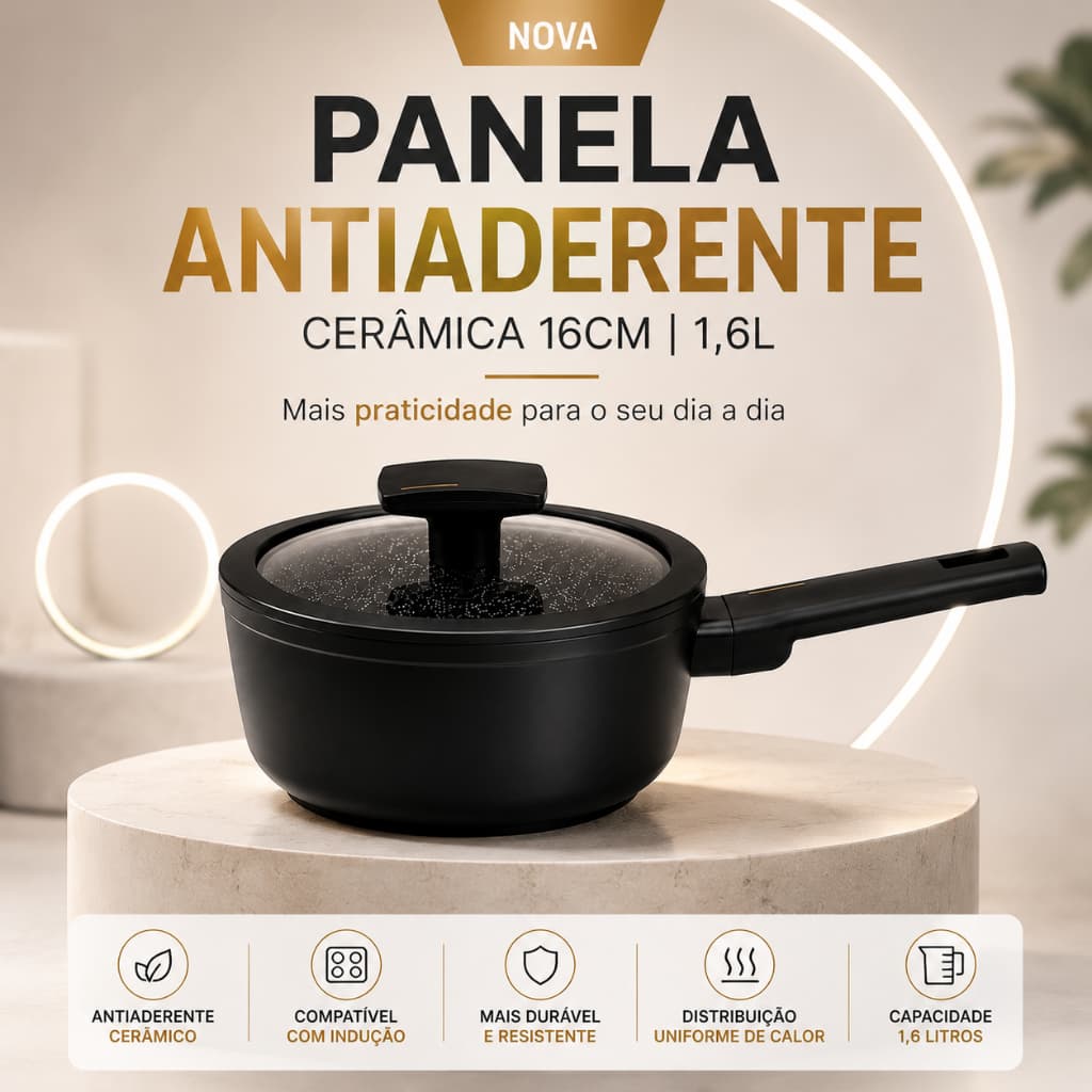 Panela Antiaderente Cerâmica 16cm 1,6L para Indução com Tampa de Vidro Preta