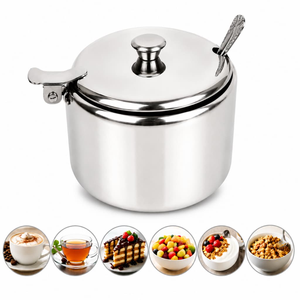 Açucareiro Inox 420ml com Colher Tampa Articulada Porta Açúcar Aço Inoxidável Elegante para Café Mesa Cozinha