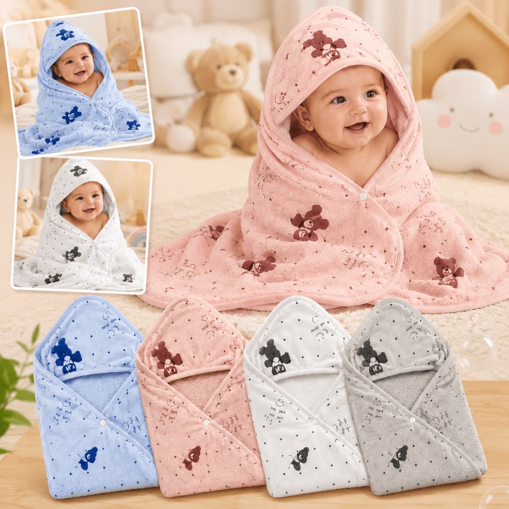 Toalha de Banho Infantil Para Bebê Com Capuz e Botão Super Soft Microfibra Aveludada