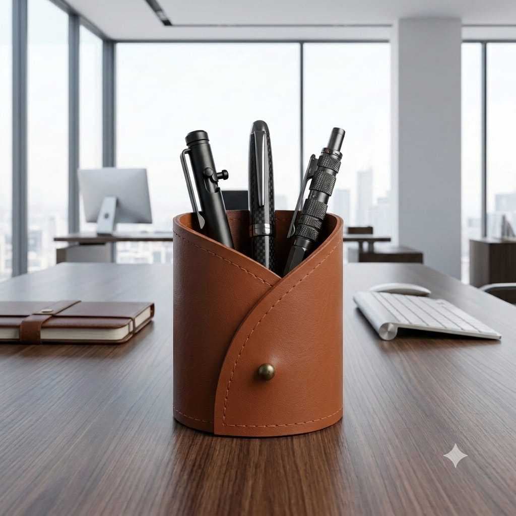 Porta-Canetas Premium em Couro Ecológico – Organizador de Mesa Elegante e Moderno