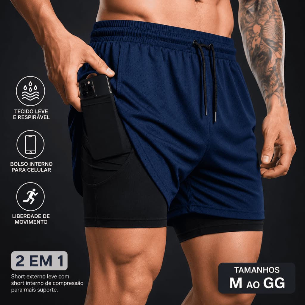 Bermuda Masculina 2 em 1 Dry Fit Academia Fitness Bolso Celular Respirável Compressão