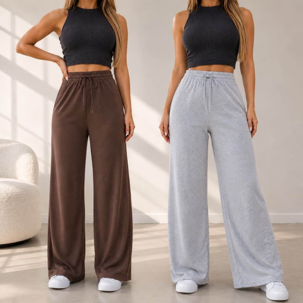 Kit 2 Calças Pantalona Feminina Cintura Alta Meia Malha Algodão Confortável