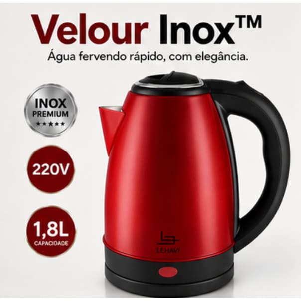 Chaleira Elétrica Inox 1,8L 220V Vermelha Aquecimento Rápido Cabo Ergonômico Velour Inox