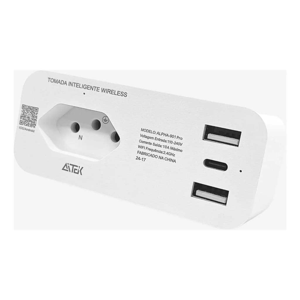 Tomada Inteligente Wi-Fi 3 Pinos 2 USB 1 Tipo-C Alexa Google