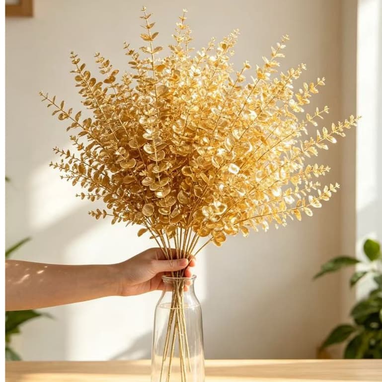 Folha artificial de dourado Eucalipto fortuna fortuna barril de bênção vaso arranjo de flores decoração