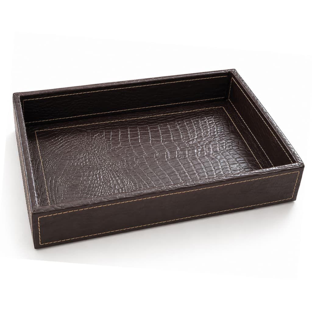 Bandeja Decorativa em Couro Legítimo Marrom 32x 23.5x Estampa Croco  Mesa Escritório Café