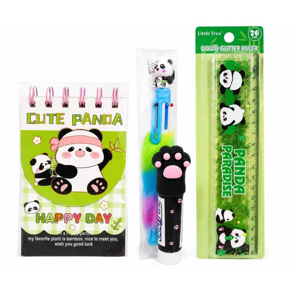 Kit Panda Kawaii Papelaria Completo | Mini Caderno + Caneta 4 Cores + Régua Glitter + Cola Bastão Patinha