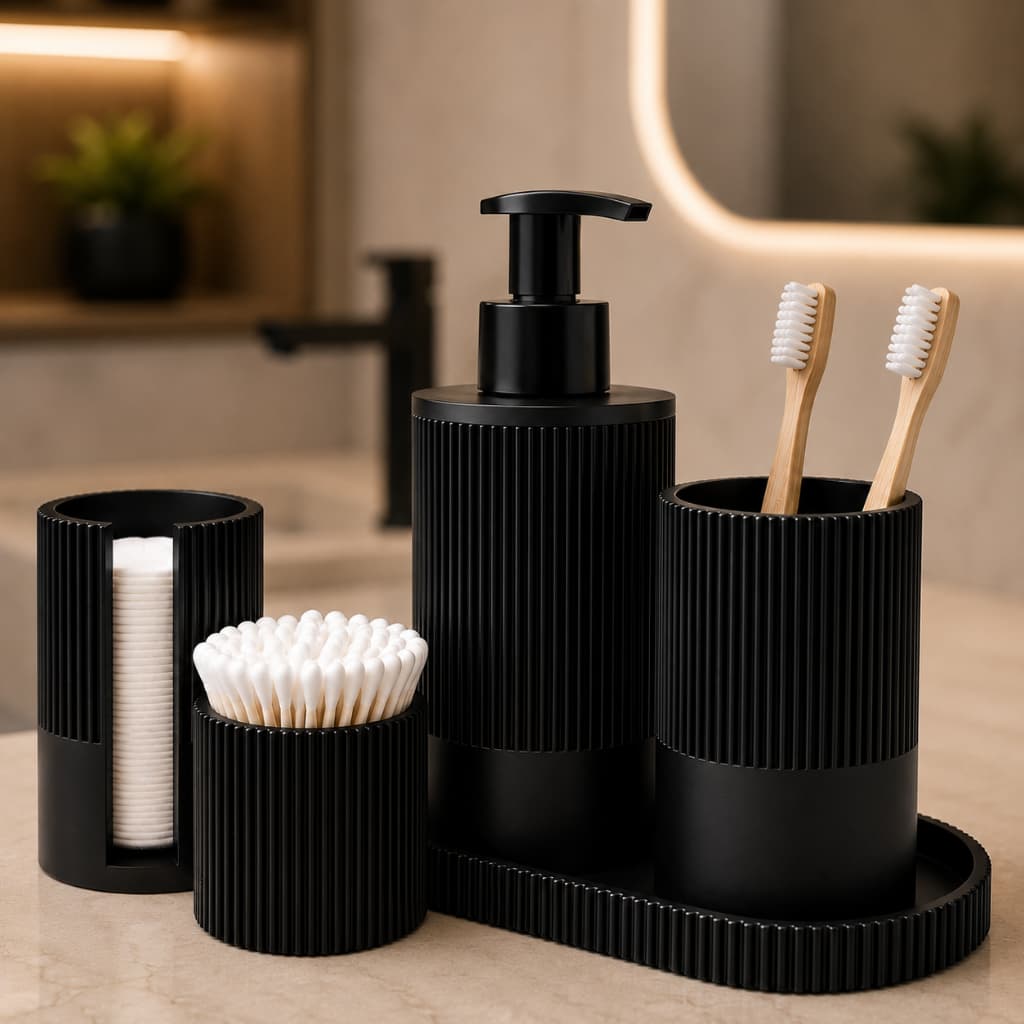 Kit Banheiro 5 Peças Preto Canelado Dispenser Porta Escovas Porta Algodão Porta Cotonetes