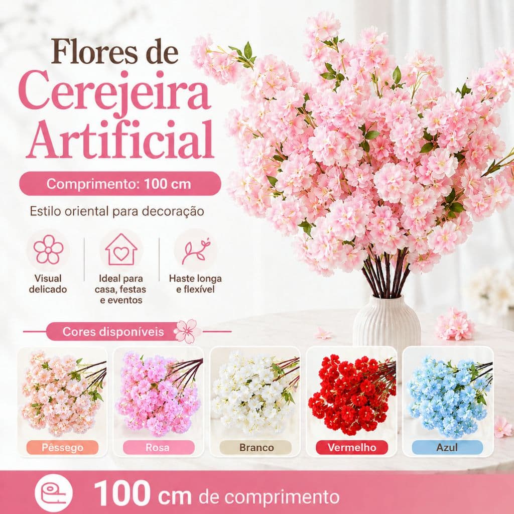 100CM  Kit 1 Buquê De Flores De Cerejeira Artificial, Flor Pessegueiro, Estilo oriental Decoração