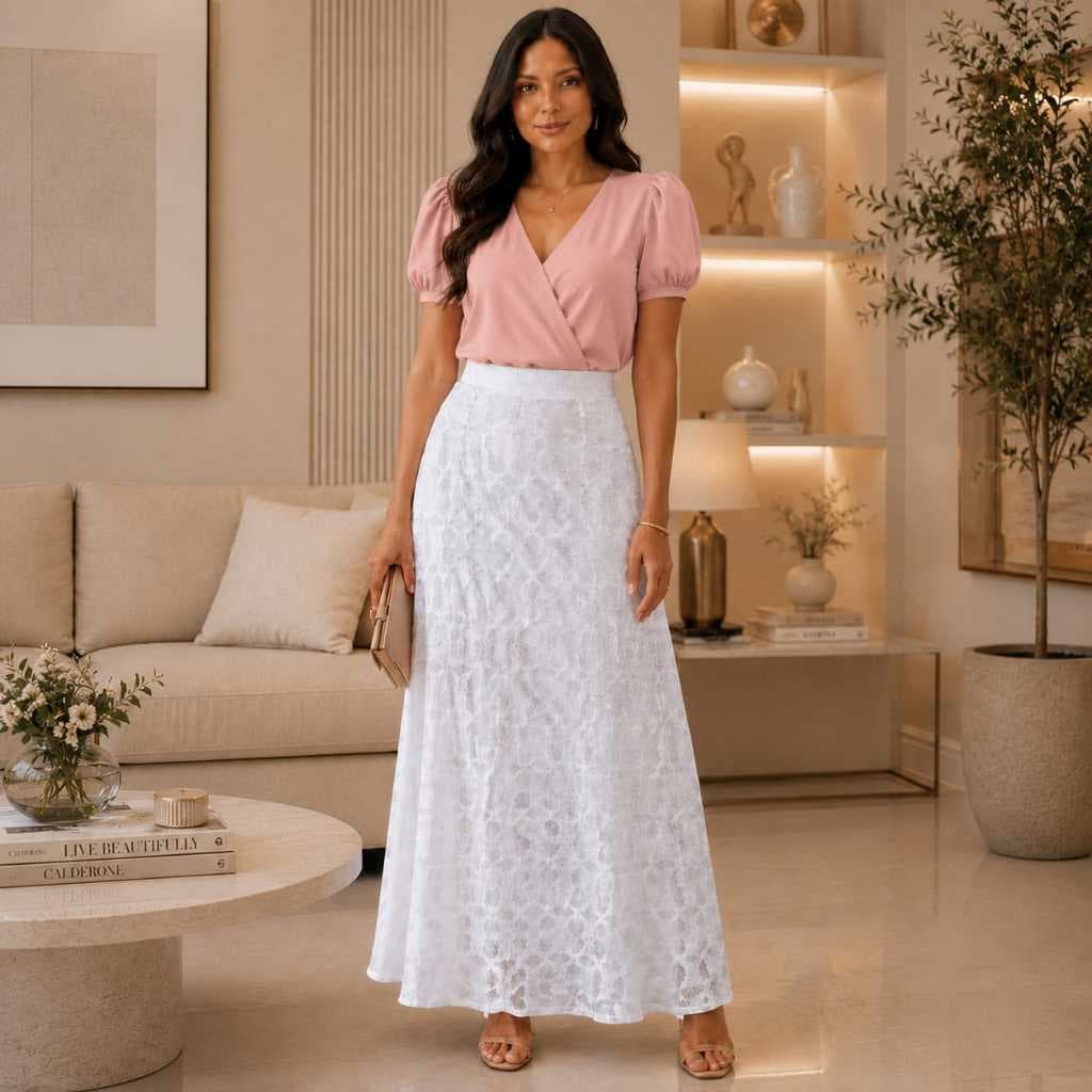 SAIA LONGA MIDI FEMININA EM RENDA GRIPIR COES ELASCICO ELEGANCIA LUXO