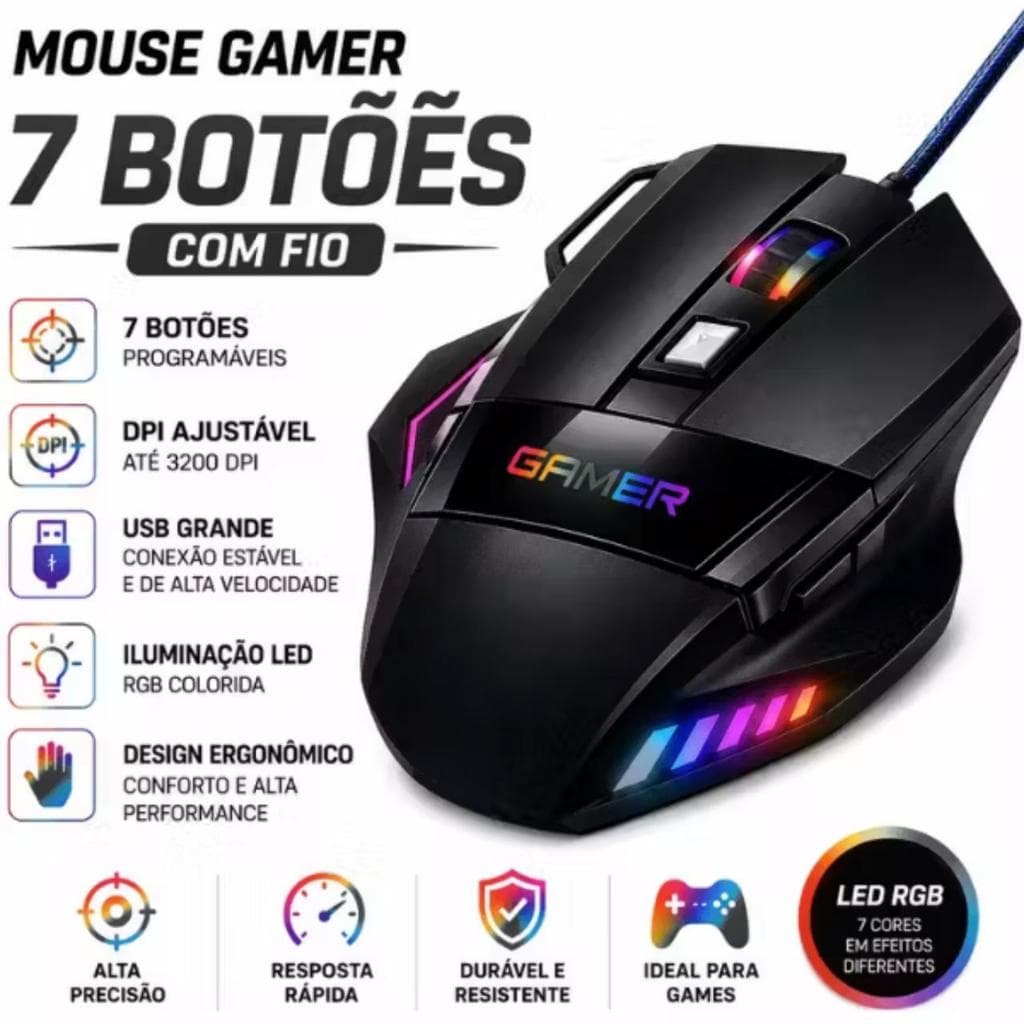 MOUSE GAMER COM FIO  7 BOTOES E 3 BOTOES MAUSE COM LED RGB 2.400 DPI ÓPTICO ILUMINAÇÃO COLORIDA PARA JOGOS VIDEO GAMERS
