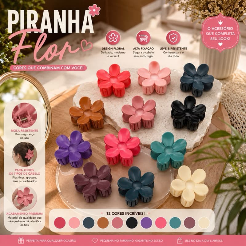 kit Piranha de Cabelo Flor Grande Presilha Garra Feminina Alta Fixação Cores Variadas