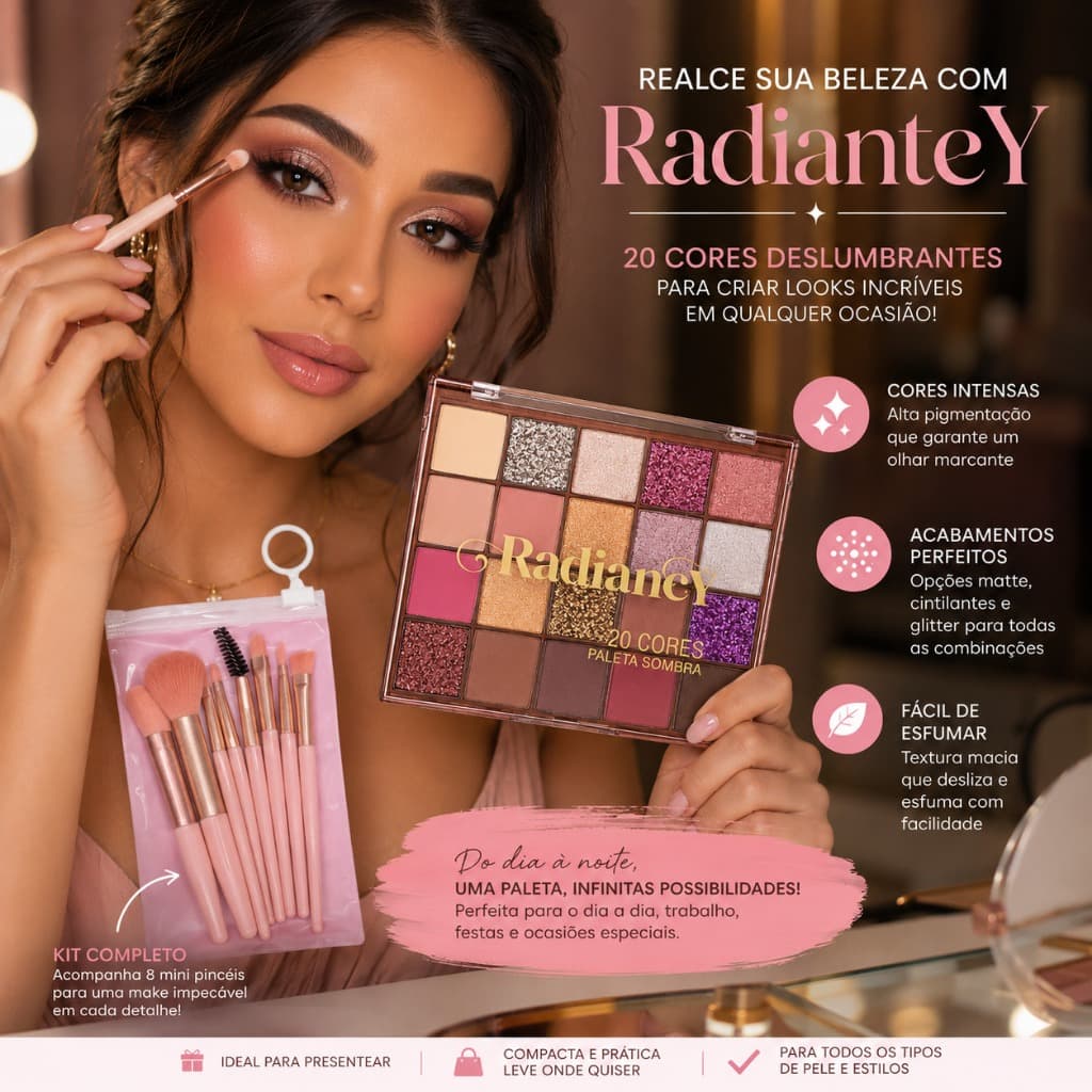 PALETA DE SOMBRAS RADIANCY 20 CORES FEBELLA + Kit de 8 Mini Pincéis Maquiagem Profissional Premium
