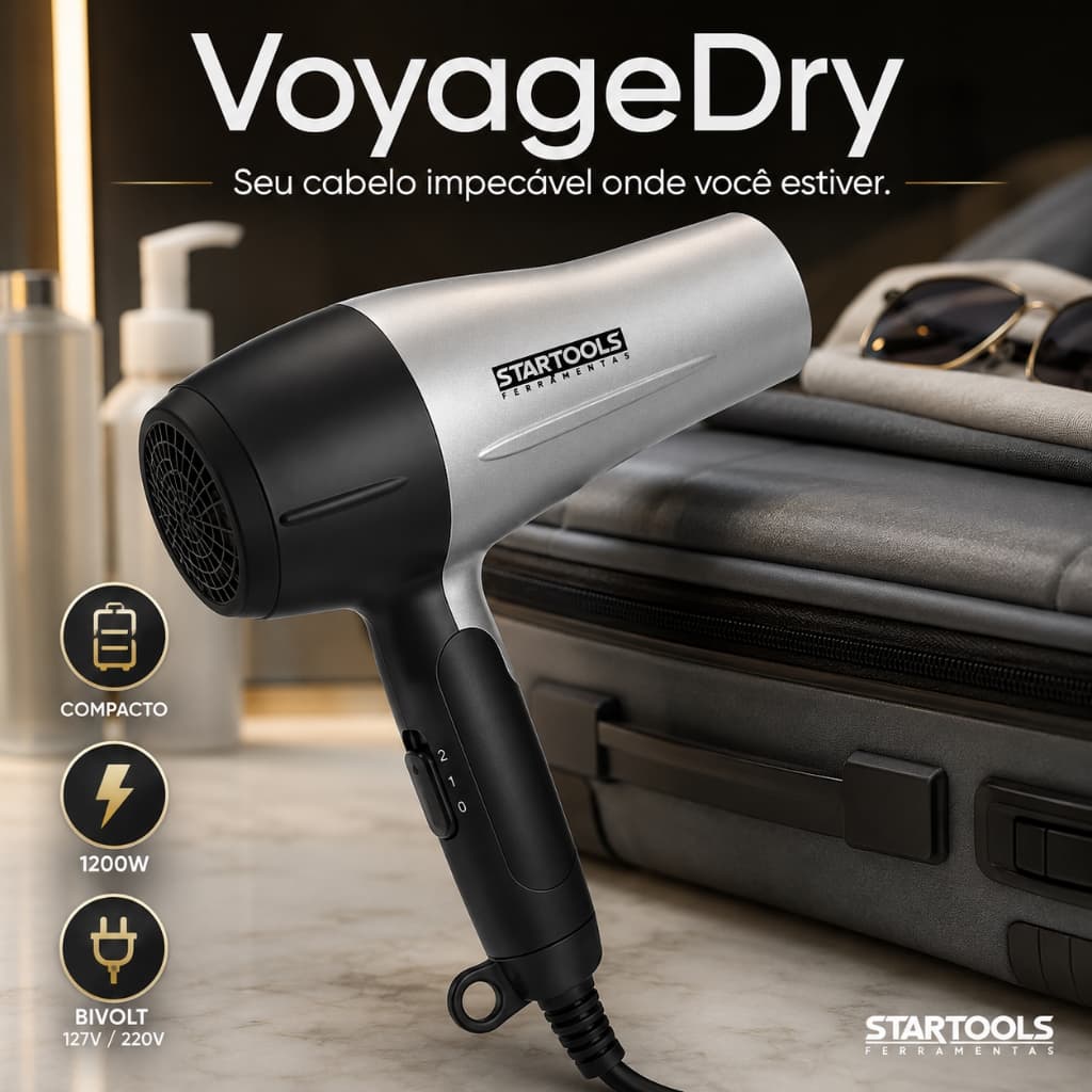 Secador de Cabelo Portátil 1200W Bivolt Compacto para Viagem Cinza