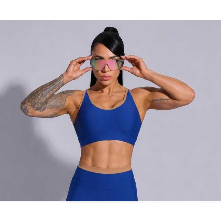 Conjunto Fitness Feminino Top Alça Larga + Bermuda Cintura Alta Azul marinho
