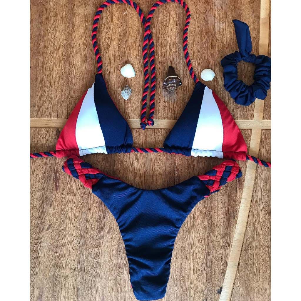 Biquini todo dupla face, cores americana, com detalhas em trança