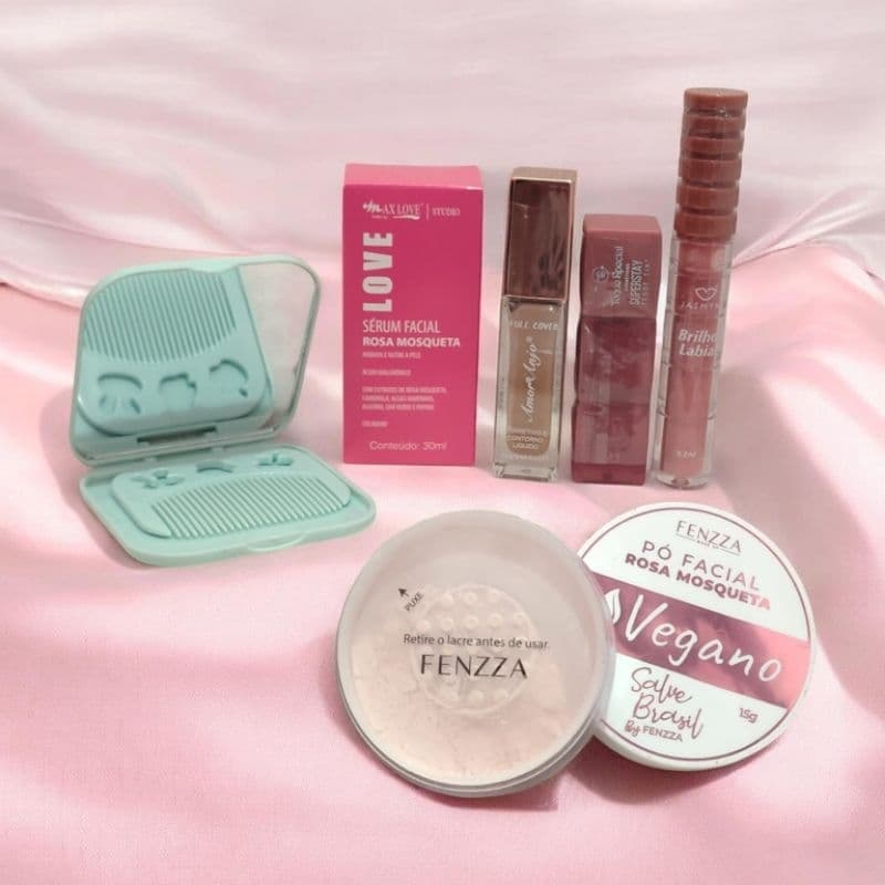 Kit Maquiagem Completo,Contorno Líquido,Pó Facial Rosa Mosqueta , 2 Lip Gloss com cor ,Sérum Facial Rosa Mosqueta,Brinde