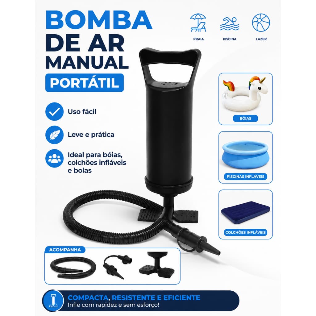 Bomba de Ar Manual Para Bóias Colchão Inflável Bolas Portátil Uso Fácil