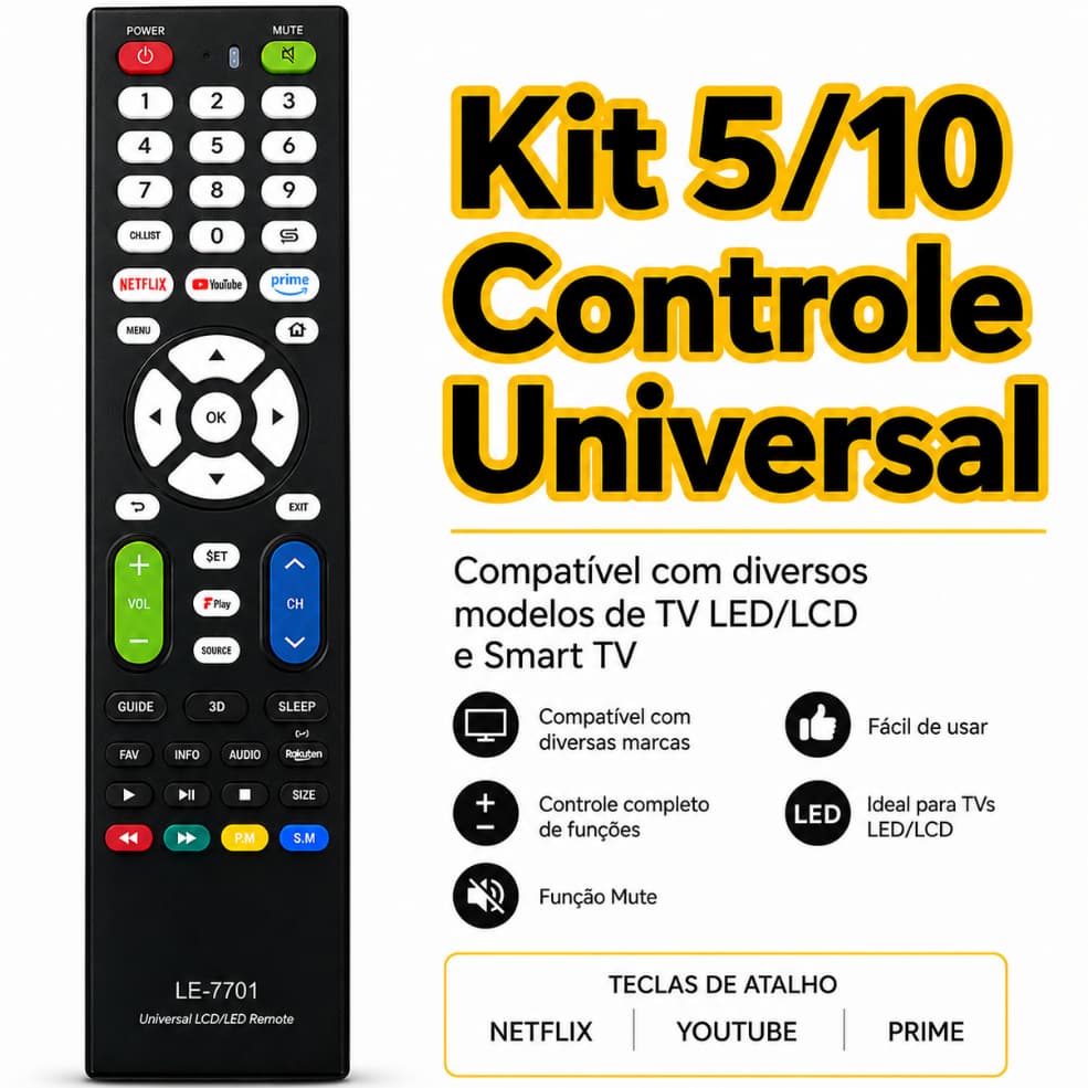 Kit 5/10 Controle Remoto Universal TV LED/LCD Smart TV Compatível Diversas Marcas