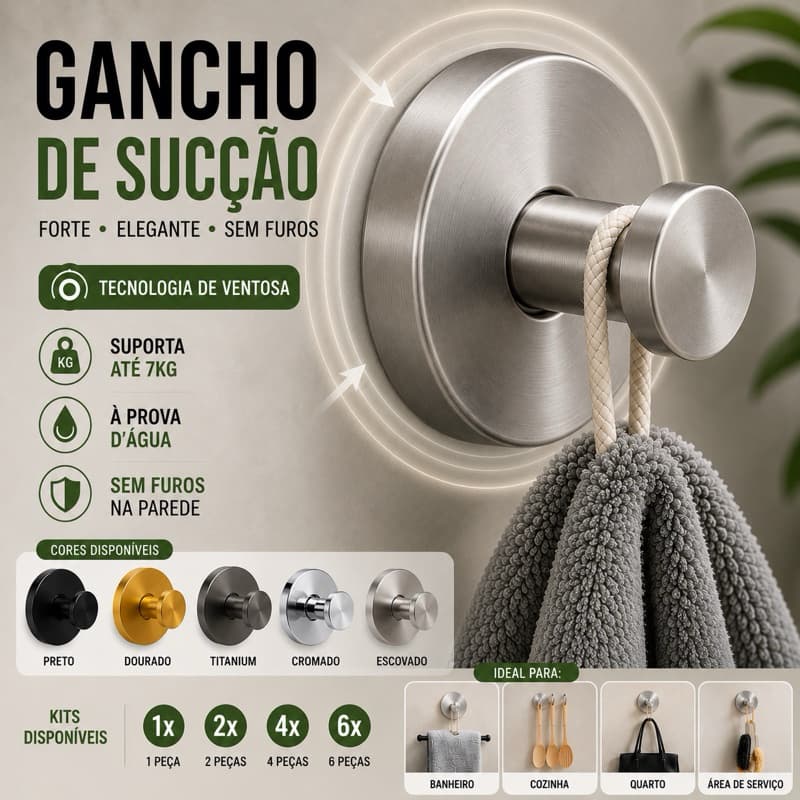 Gancho Adesivo de Ventosa Inox Para Parede Banheiro Cozinha Multiuso