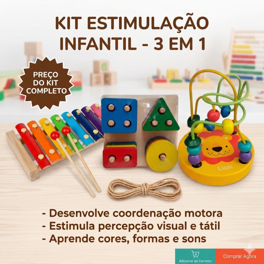 Kit Brinquedos Educativos em Madeira Infantil (3 Peças) - Xilofone, Mini Labirinto Aramado e Encaixe Geométrico