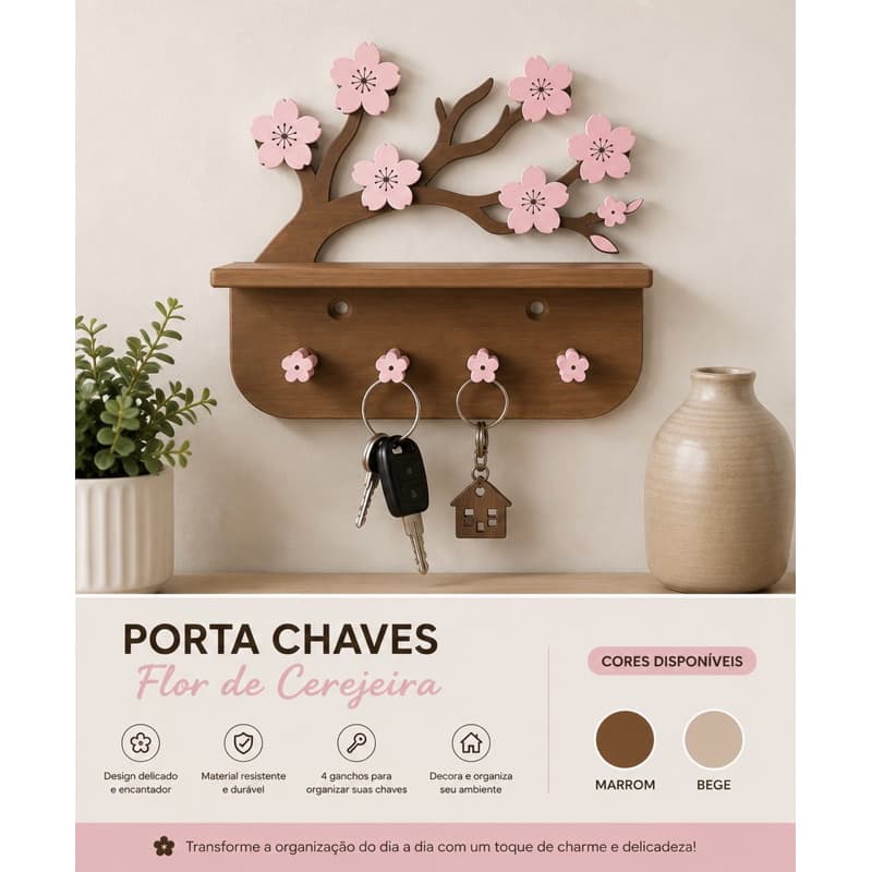 Porta Chaves Decorativo Flor de Cerejeira com Prateleira | Organizador de Parede | 4 Ganchos