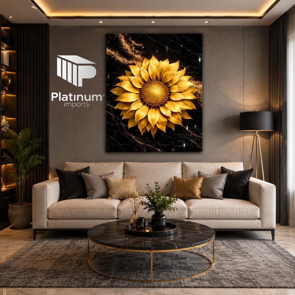 Quadro Decorativo Girassol Dourado Luxo MDF Alta Definição Sala Quarto Escritório Parede Decoração Moderna Elegante Flor