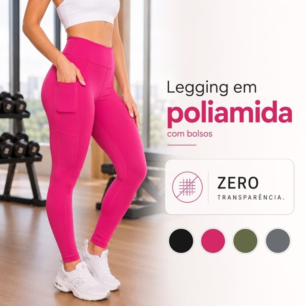 Calça Legging Poliamida Leg Cós Alto Cintura Alta Zero Transparência com Bolsos