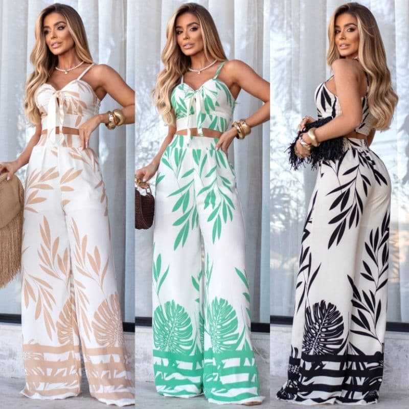 Conjunto feminino calça pantalona e blusa cropped estampado elegante verão