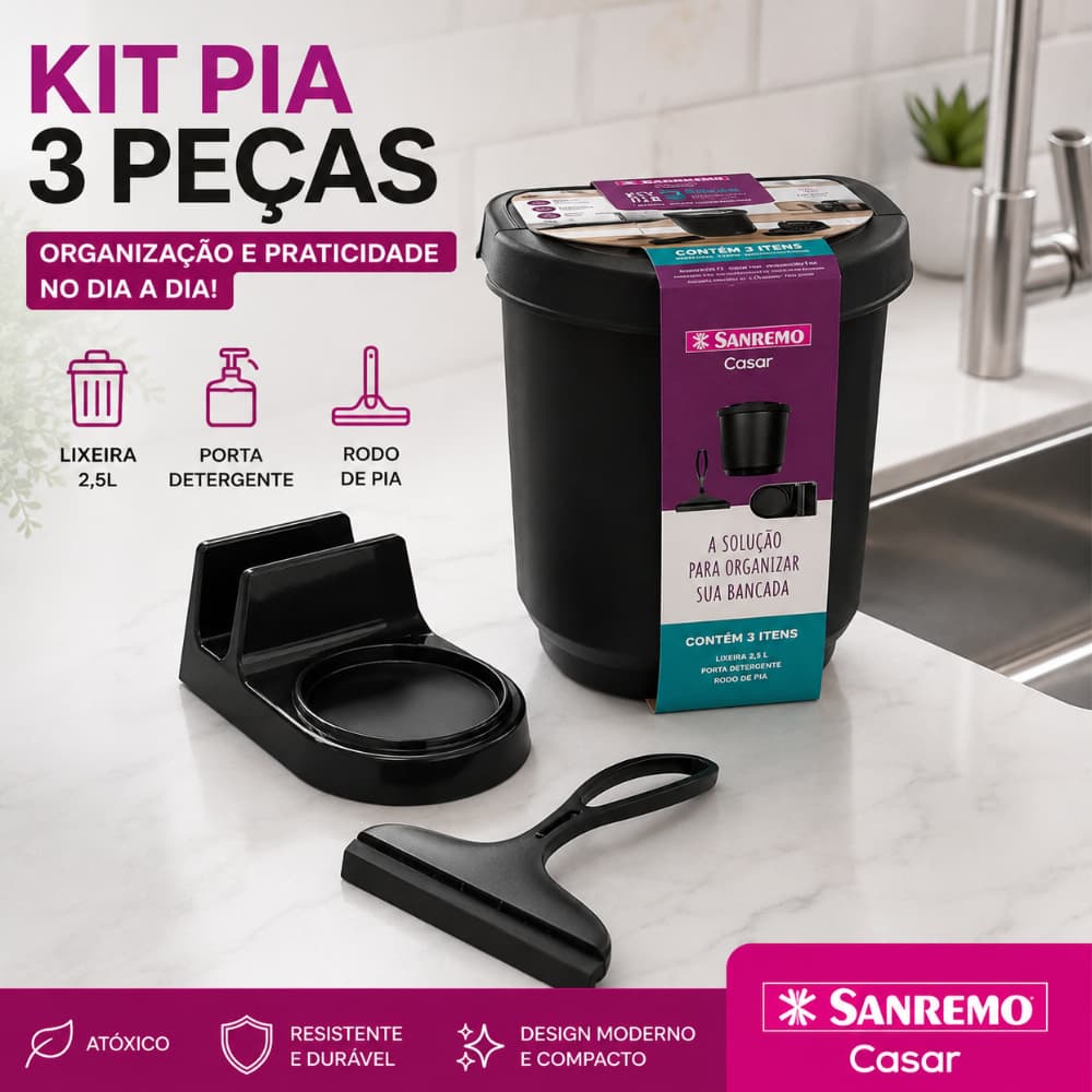 Kit Organizador de Pia 3 Peças Sanremo Casar | Lixeira 2,5L + Porta Detergente + Rodo de Pia Preto