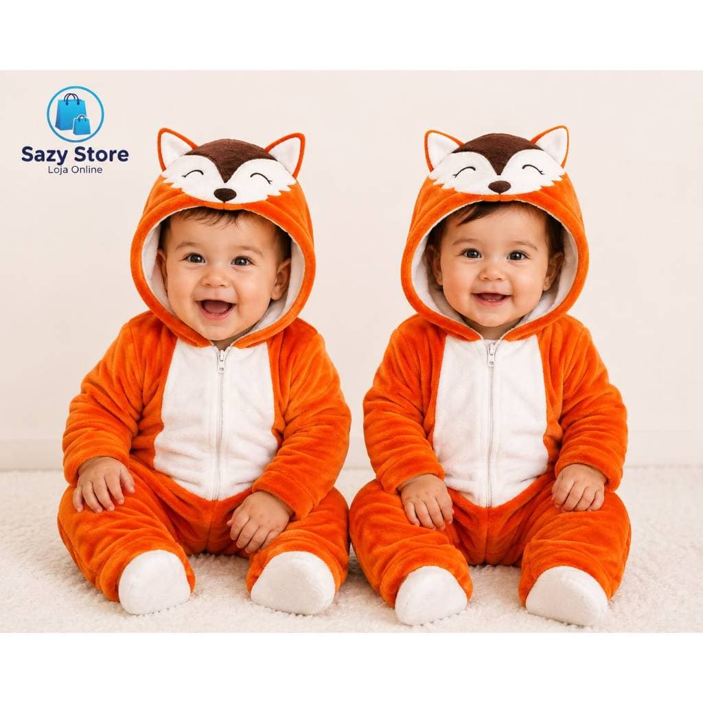Kigurumi Raposa Bebê Unissex Macacão Plush Macio Quentinho com Capuz 0 a 30 Meses Pronta Entrega