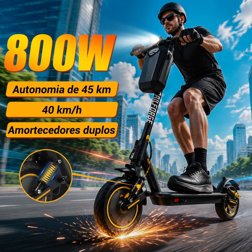 Trailforge-T1 patinete elétrico 120kg 800w 40Km/h Até 45km Dobravel Com Bluetooth Com Bolsa