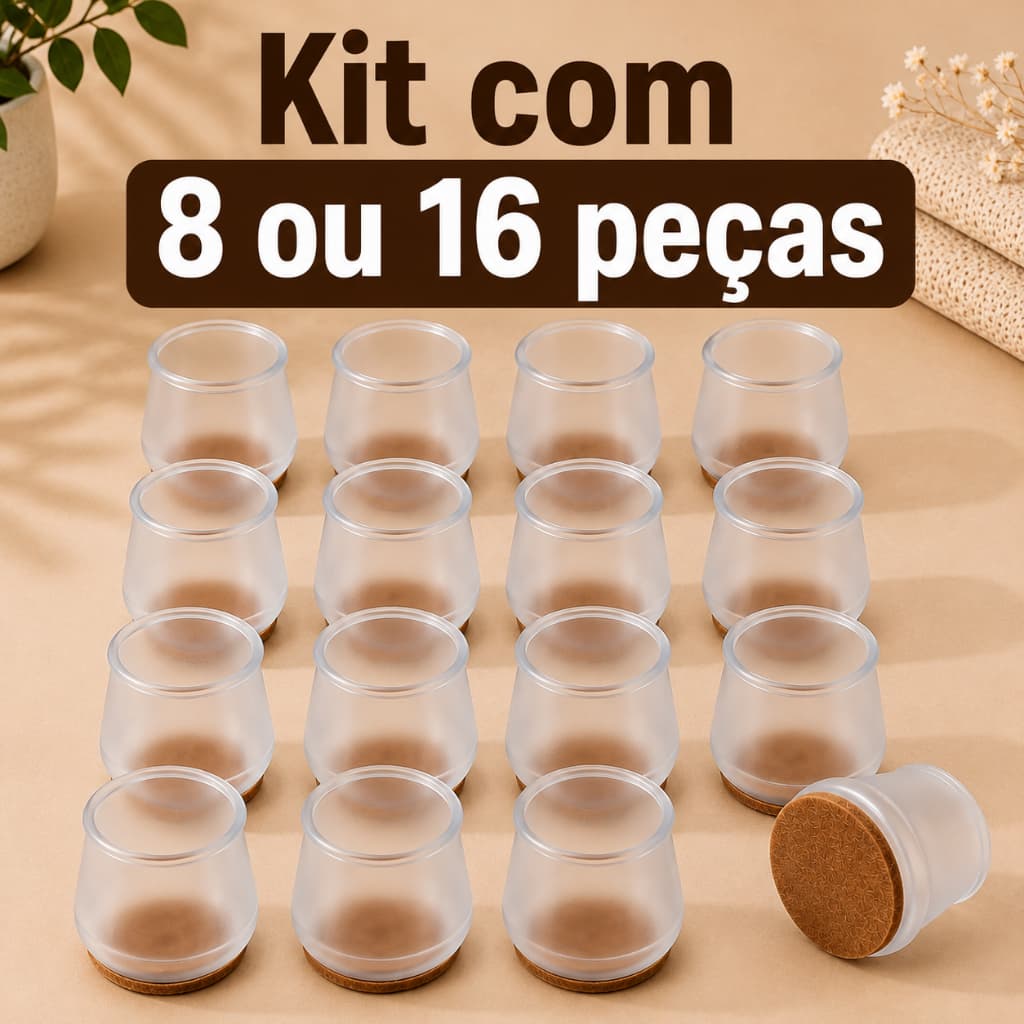 Kit Protetor para Pés de Cadeira Mesa Silicone Transparente com Feltro Antirrisco 8 ou 16 Unidades