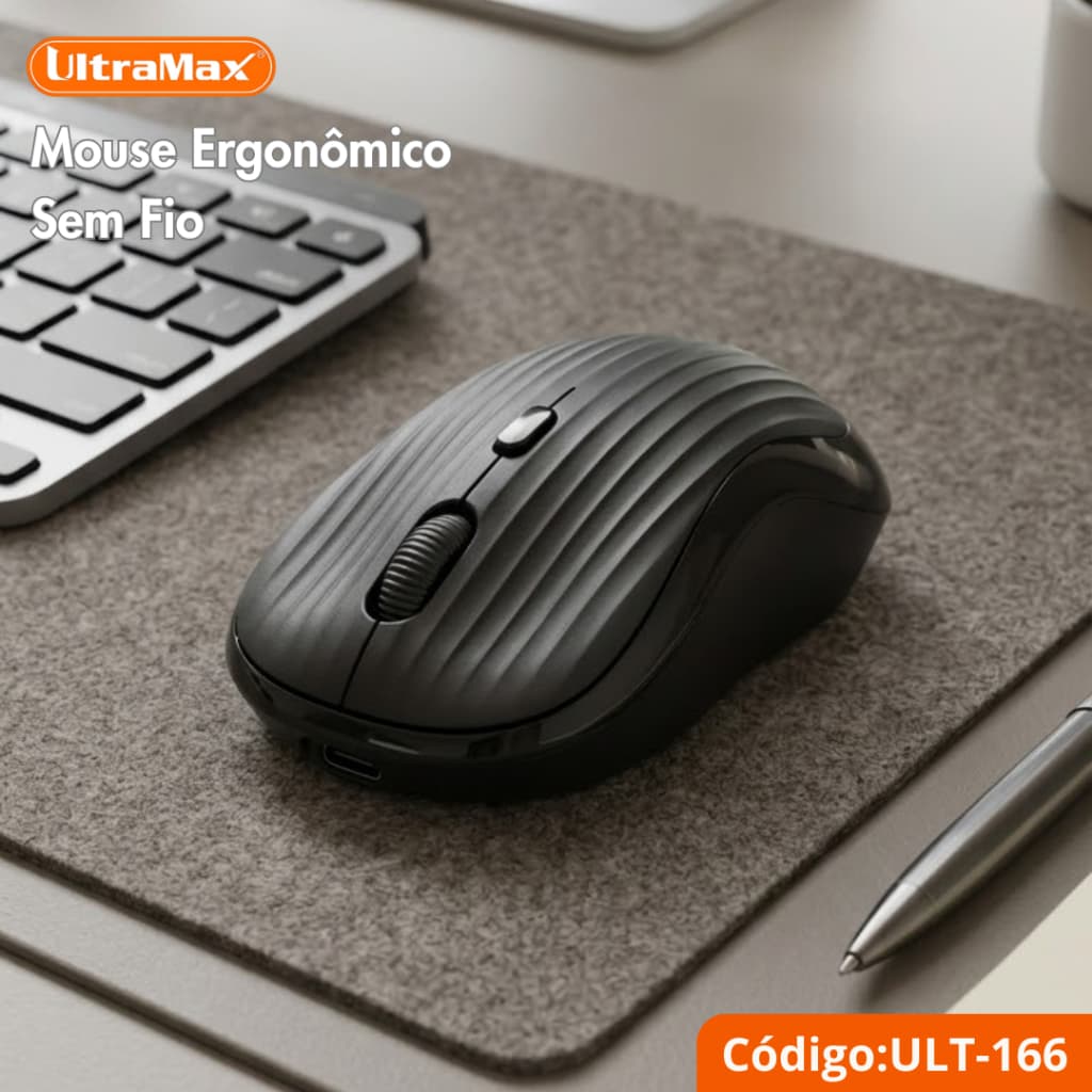 Mouse Sem Fio Recarregável UltraMax ULT-166 Bluetooth e USB Tipo-C Ergonômico 1600 DPI