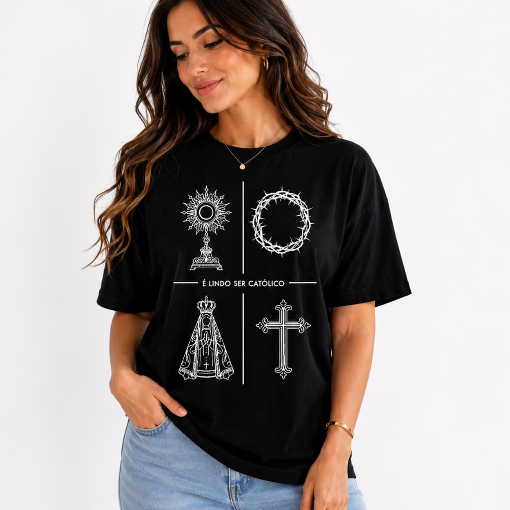 Camiseta Católica Feminina Cristã Estampada Nossa Senhora Cruz Eucaristia Presente Religioso