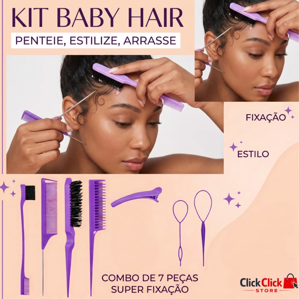 KIt Baby Hair Completo com 3PÇS 10 PÇS OU 13 PÇS Cores Rosa Roxo e Preto