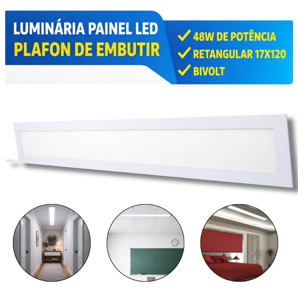 Luminária Painel Led Plafon de Embutir Retangular 48W Bivolt 17X120 Bivolt