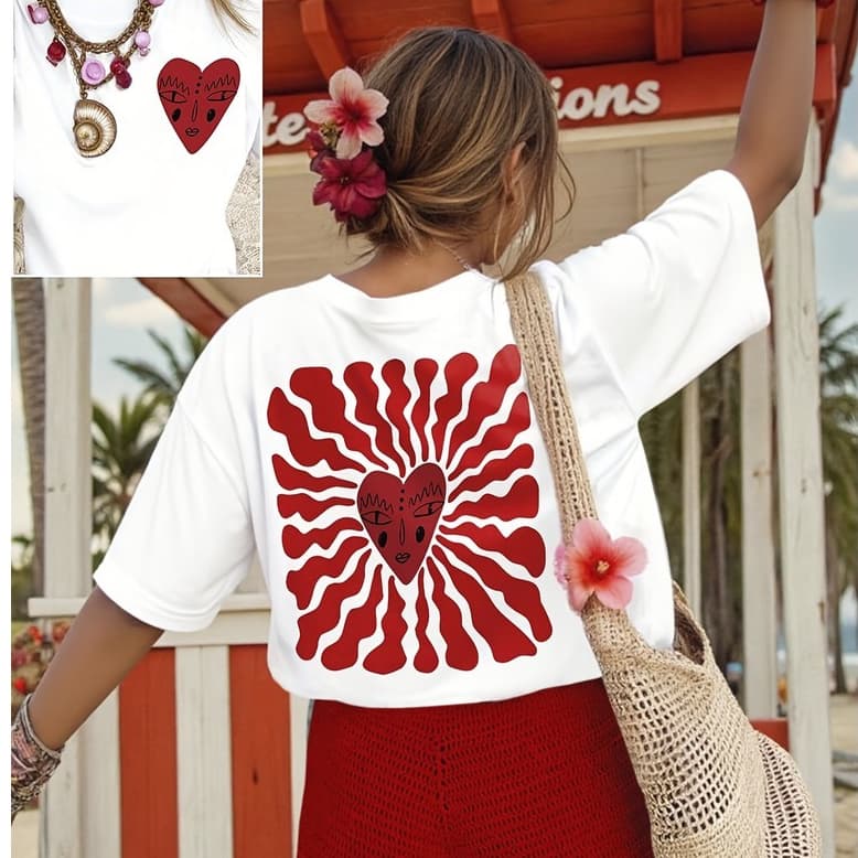 Camiseta Feminina T-Shirt Coração Costas Gola Redonda Looks Casuais